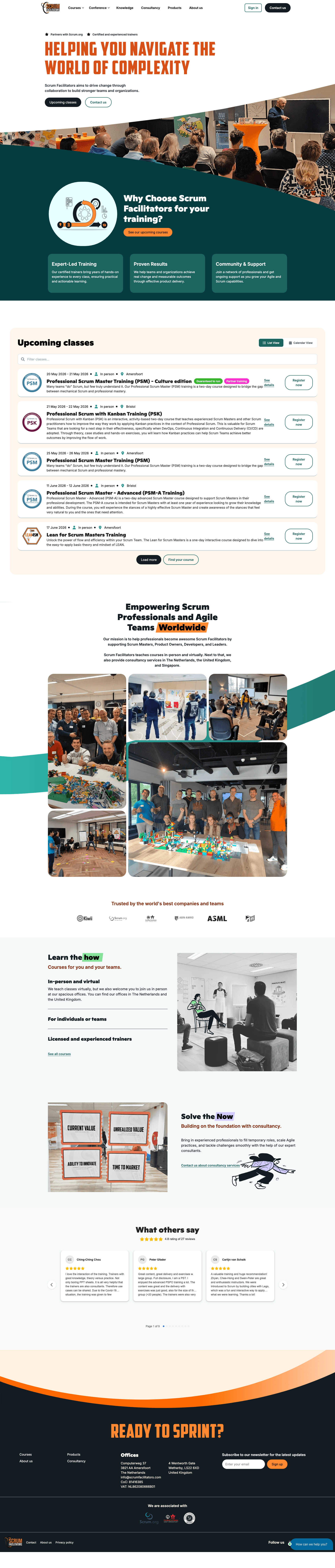ScrumFacilitators — homepage met cursusoverzicht